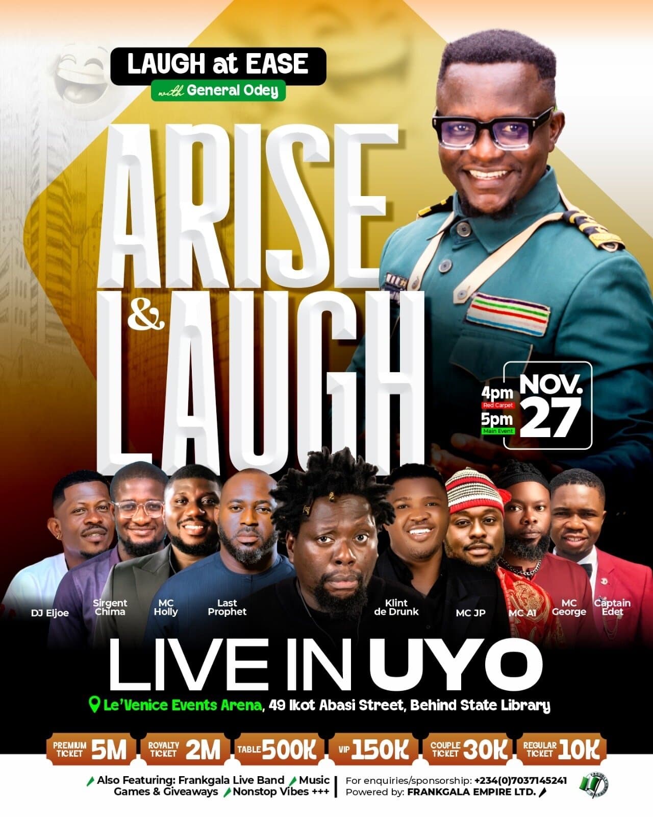 Laugh at Ease with General Odey: Arise & Laugh Live in Uyo on Nov 27 at Le'Venice Events Arena